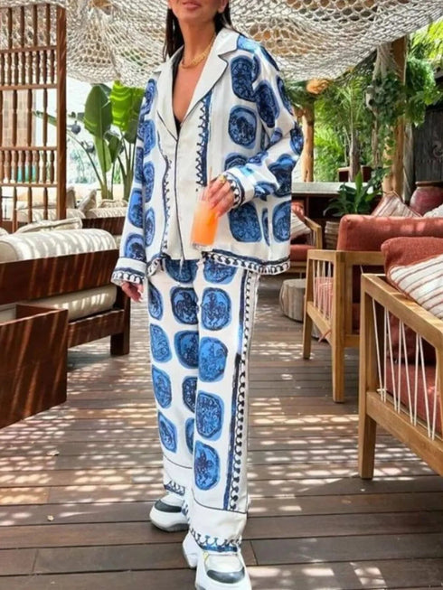 'Clara' Wildlife Print Button Down Shirt and Pants Set - Celes Fashion